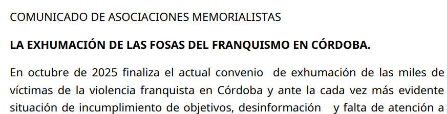 Comunicado unitario sobre incumplimiento de la ley sobre exhumaciones de las fosas del genocidio franquista en Córdoba